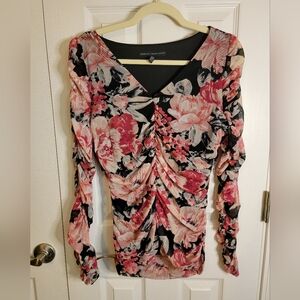WHBM Womens Mesh Ruched Dark Floral Blouse Size M